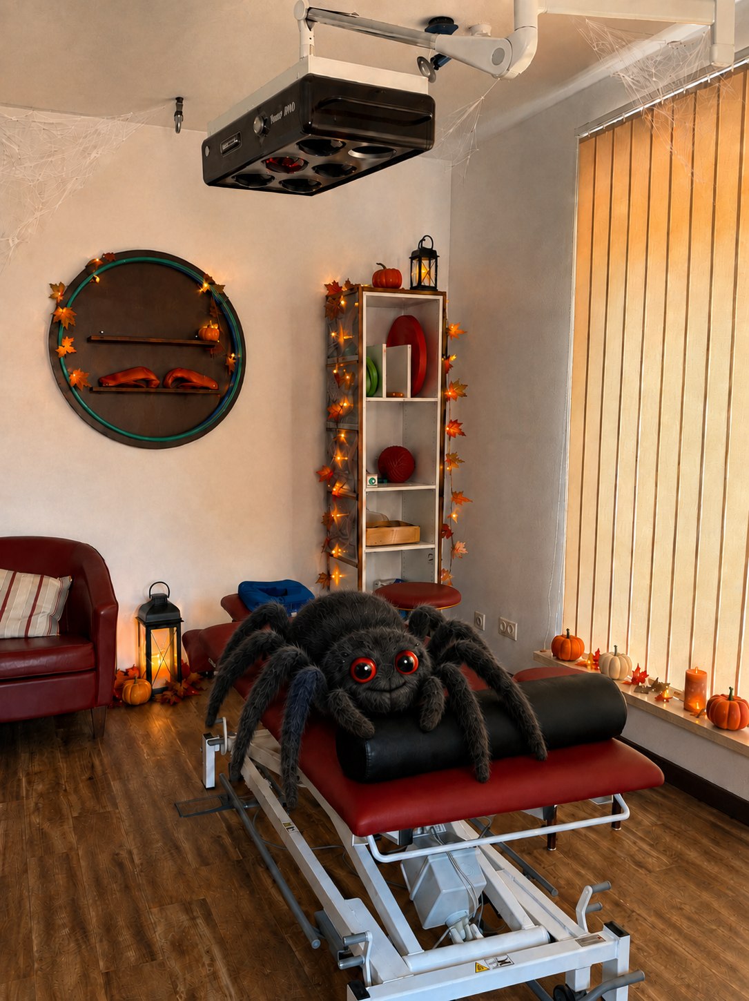 Halloween-dekorierter Behandlungsraum mit einer freundlichen Spinne auf der Therapieliege.