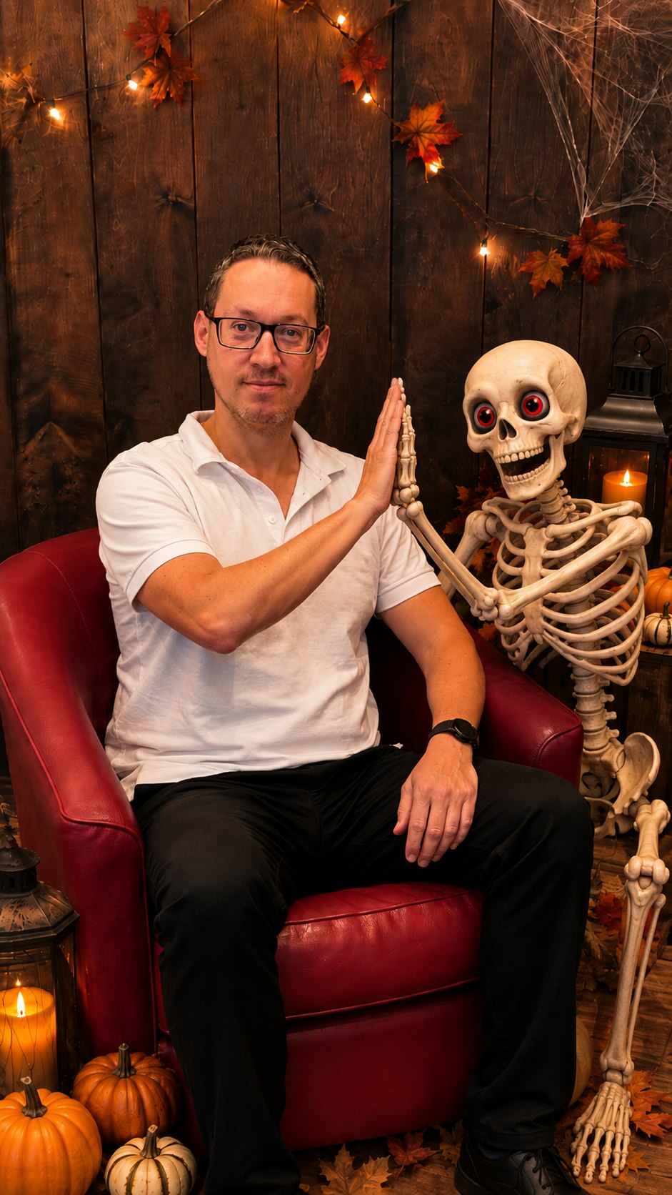Mitarbeiter der Praxis Malterer gibt einem Skelett ein High Five.