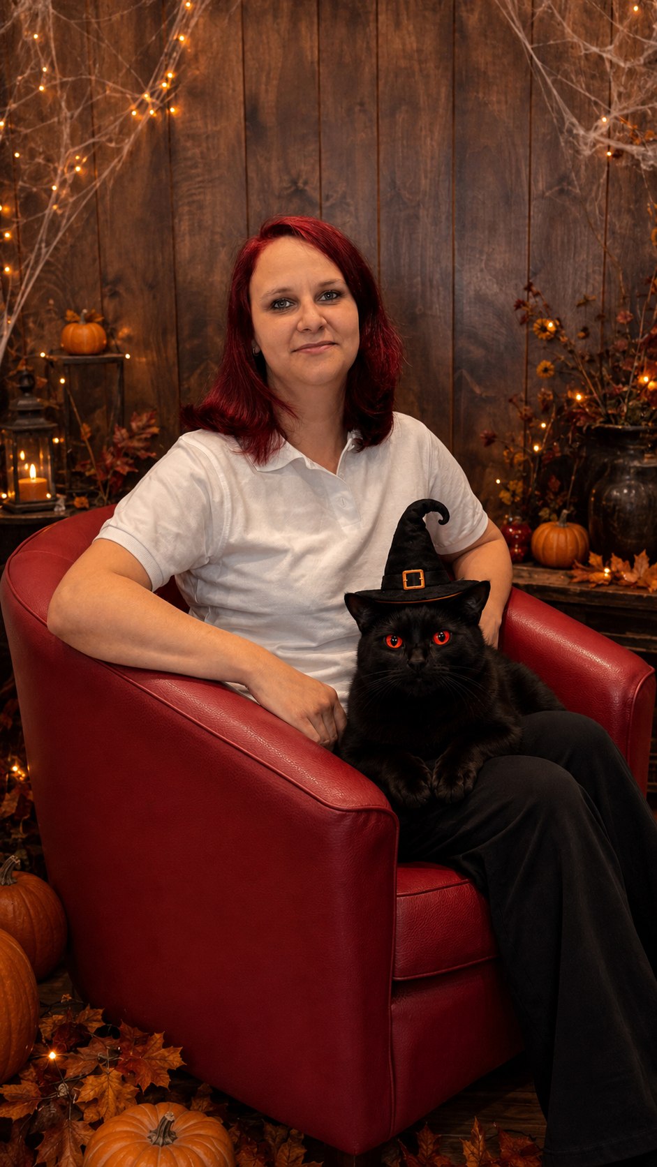 Mitarbeiterin der Praxis Malterer mit schwarzer Katze und Hexenhut.