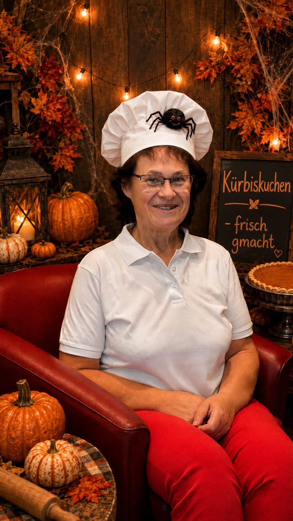 Mitarbeiterin der Praxis Malterer mit Kürbiskuchen in herbstlicher Dekoration.