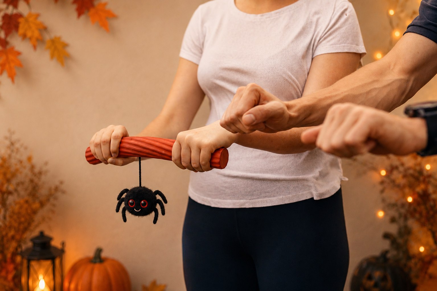 Therapeutische Übung mit Handtuchstab und kleiner Halloween-Spinne.