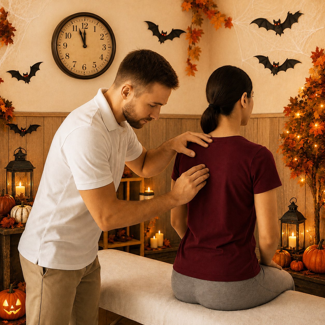 Manuelle Therapie in einem herbstlich dekorierten Behandlungsraum.