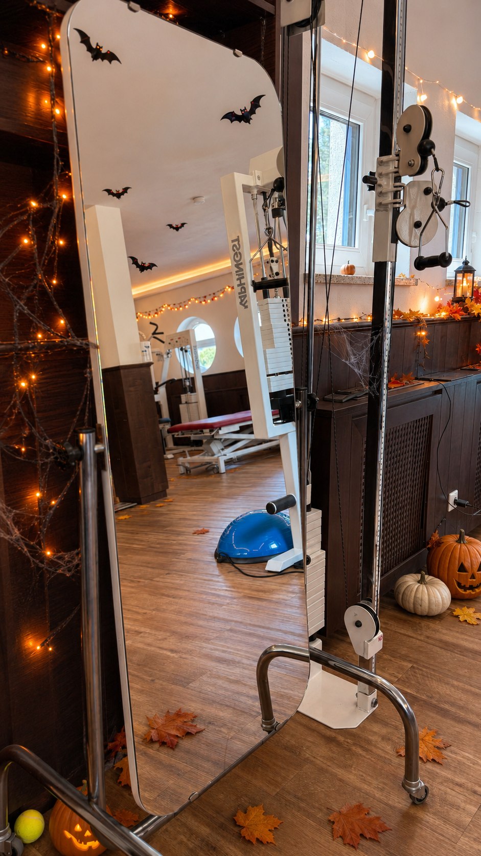 Herbstlich dekorierter Fitnessraum mit Spiegel und Fledermäusen.