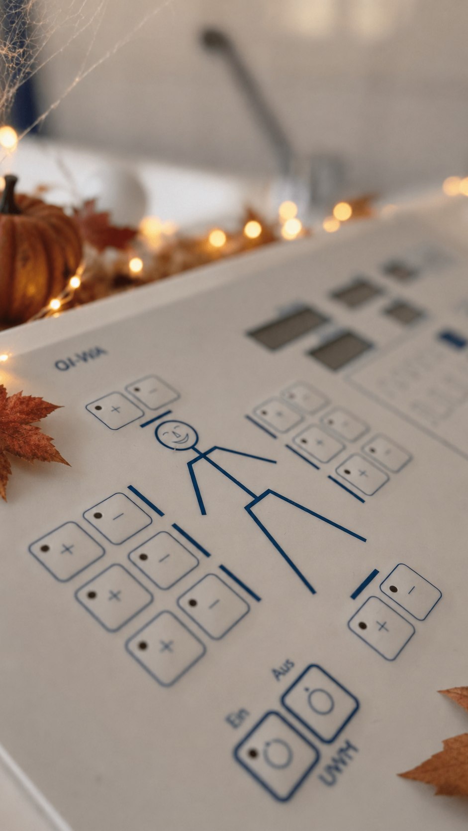 Bedienpanel eines Therapiegeräts mit dezenter Herbstdekoration.