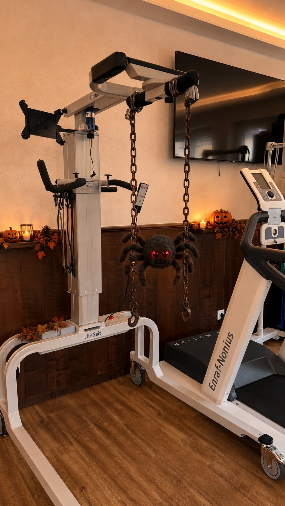 LiteGait-Gerät mit Halloween-Spinne und dekorativen Ketten.