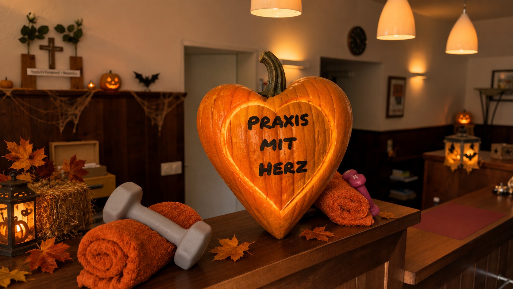 Herbstlich dekorierter Empfang der Praxis Malterer mit dem Herz „Praxis mit Herz“.