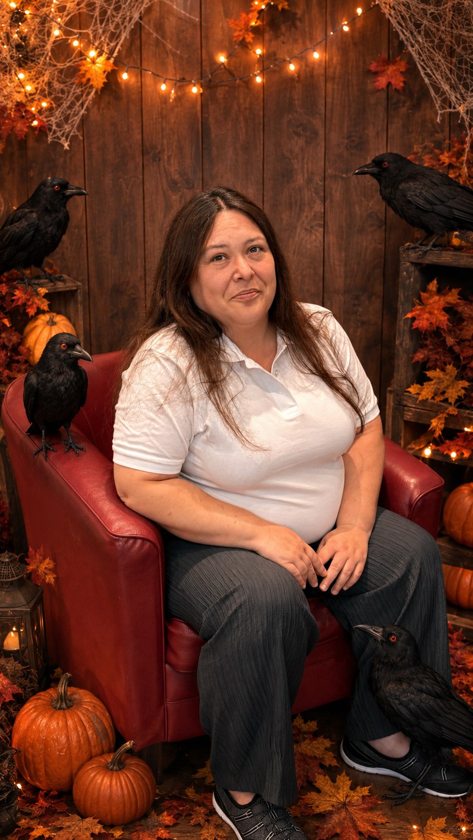 Silvia im herbstlich dekorierten Teamraum mit zwei Krähen.