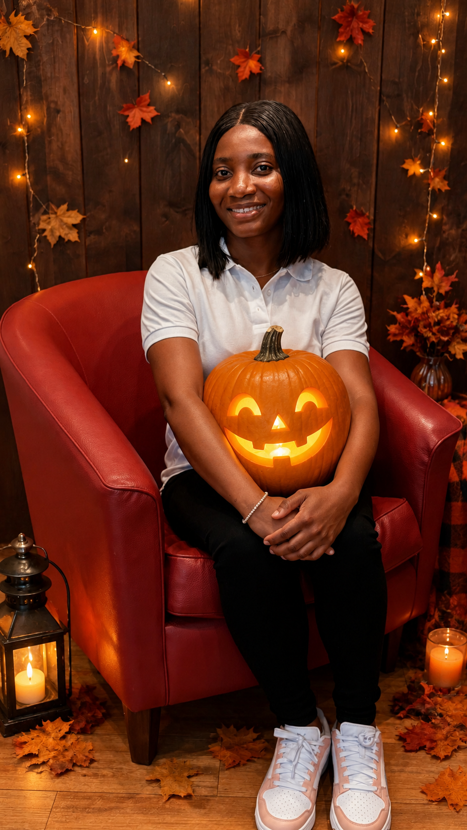 Faith Eze Nkechi mit einem leuchtenden Kürbis in warmer Herbst- und Halloween-Dekoration.