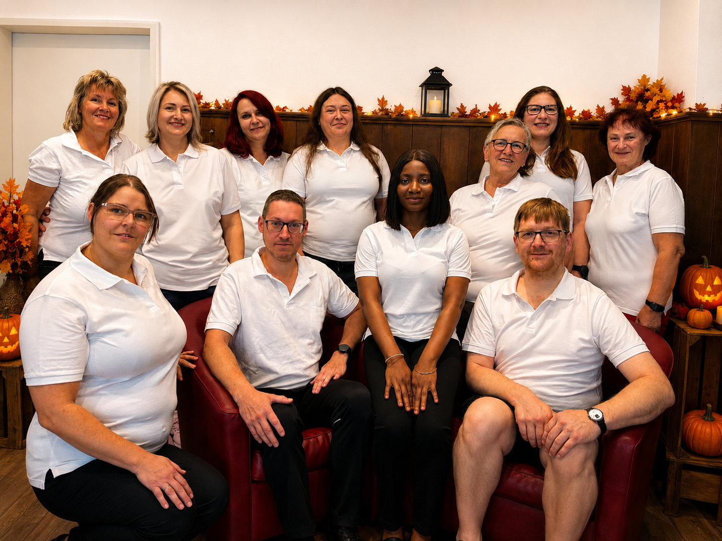Aktuelles Team der Praxis Malterer vor einer warmen Herbst- und Halloween-Dekoration.
