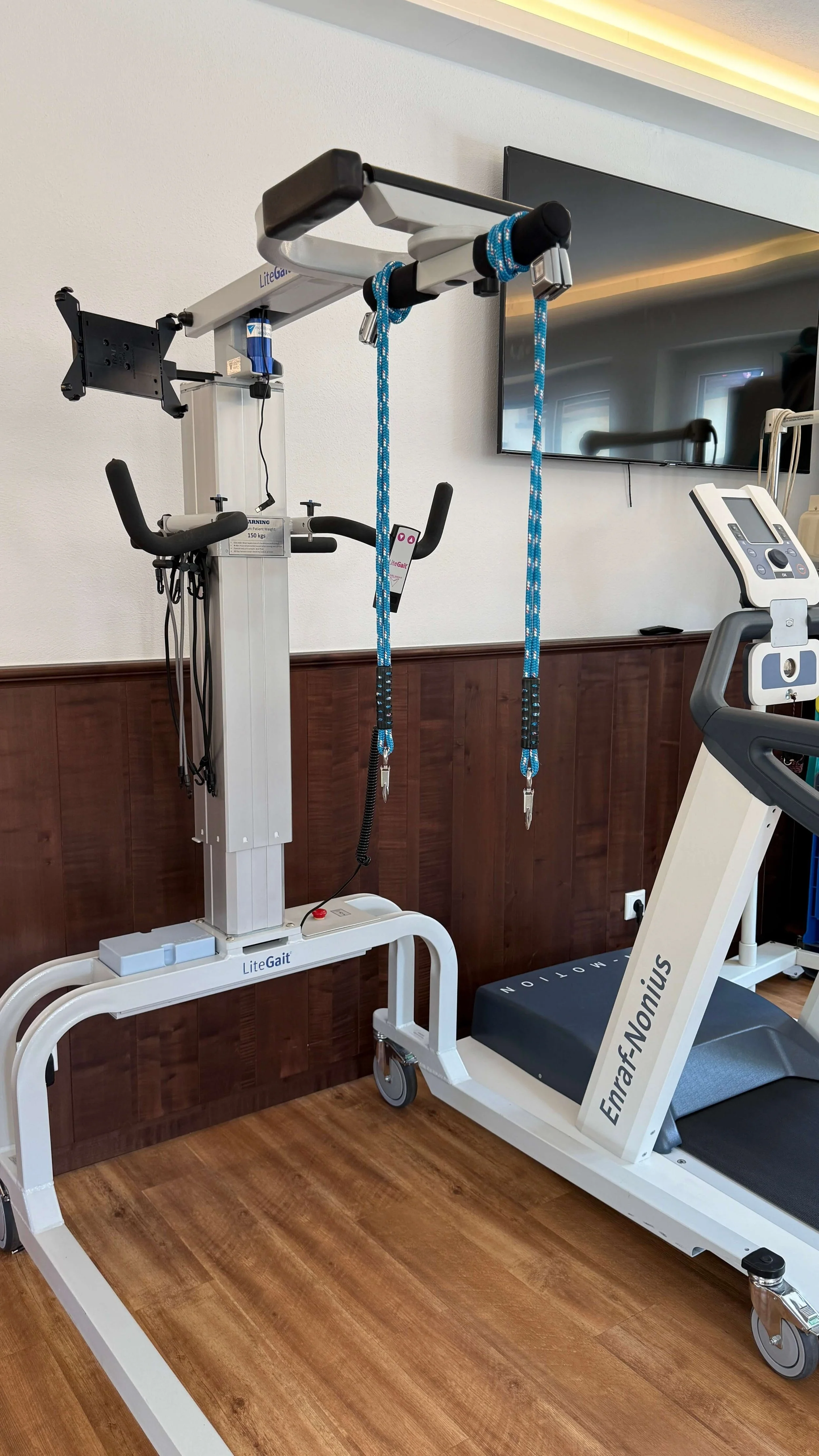Medizinisches Trainingsgerät mit Stützgriff, Kabel und Laufband, in einem Raum mit Holzboden und Fernseher an der Wand.
