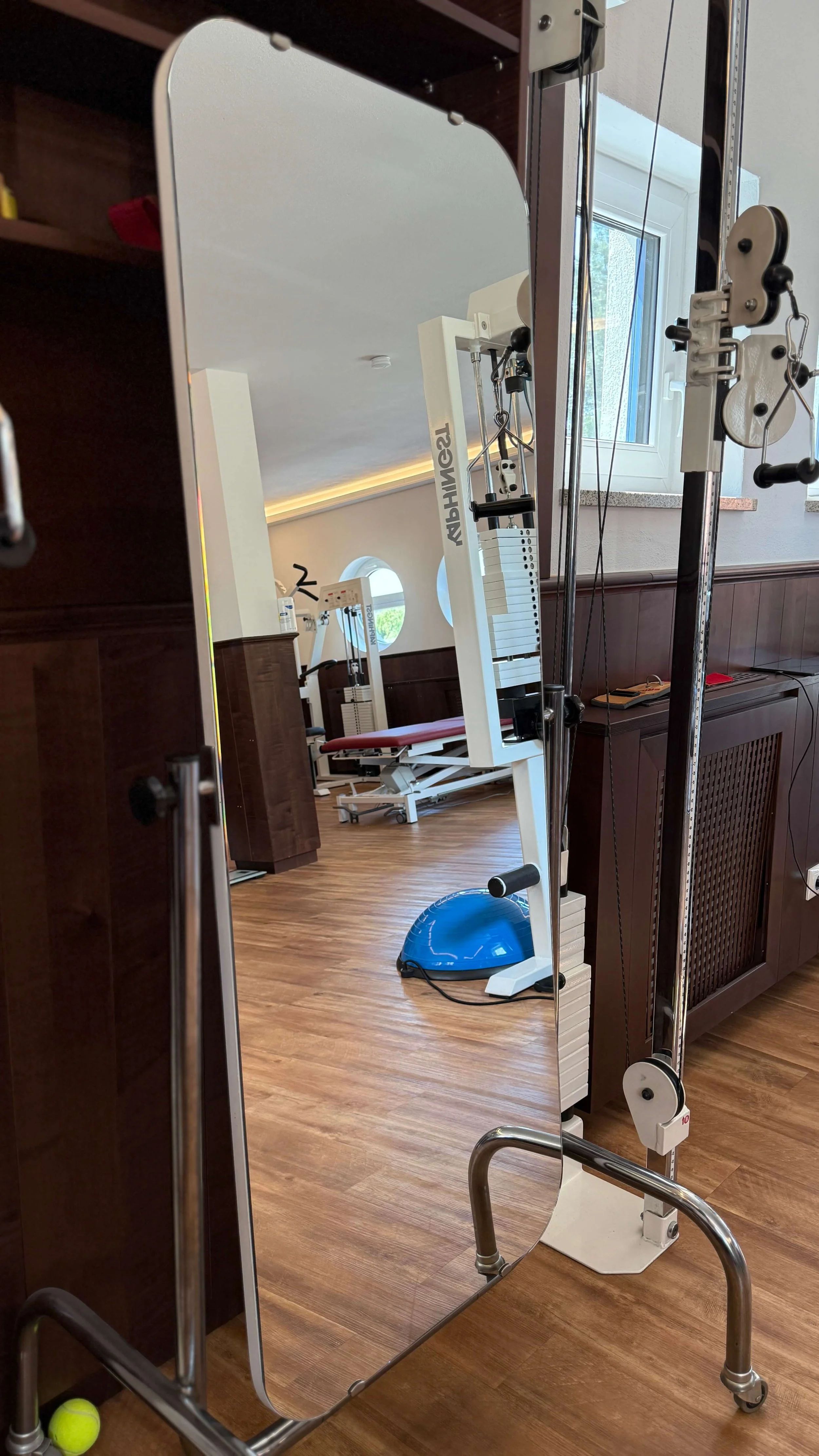Einrichtung für Physiotherapie mit großer stehender Spiegel, Fitnessgeräten, Holzfußboden, Fenster und dunkle Holzwandverkleidung